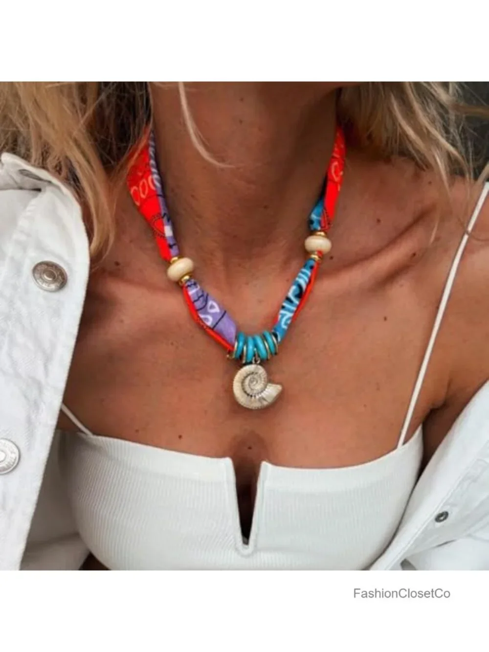 Conch Shell Scarf Charm Necklace Boho Wrap Bandana Statement Jewelry